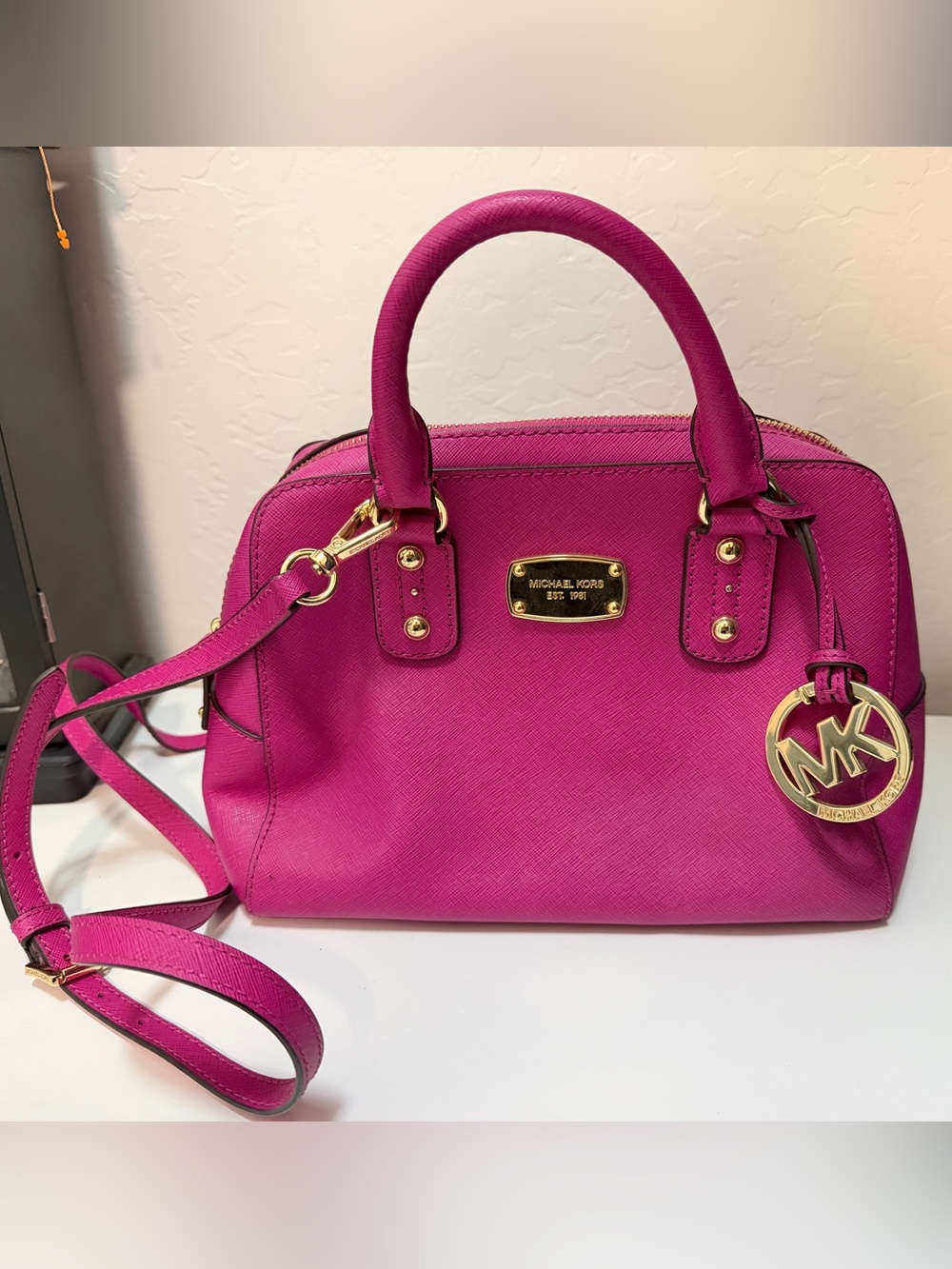 Michael Kors Mini Fuchsia Saffiano Leather Cindy Satchel with Gold Hardware